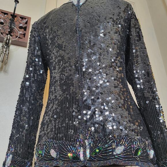 VTG Hina Trading Co. Silk Sequin Beaded Irredescent Long Sleeve Formal Blouse✨️M - Picture 4 of 16